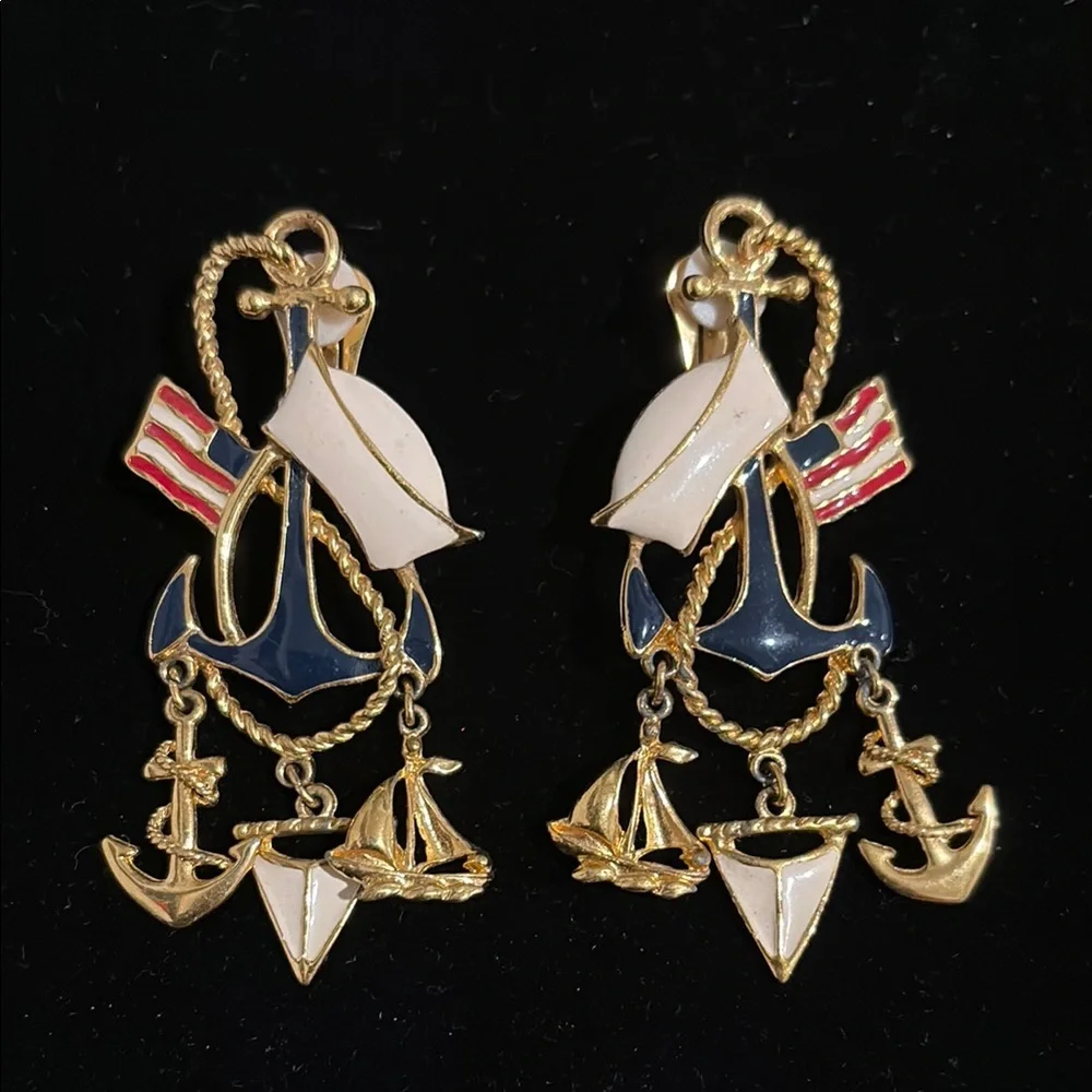 Nautical Gold and Blue Earrings - Picture 1 of 5